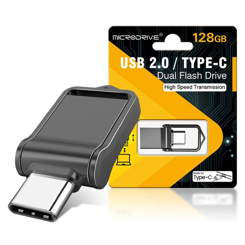 MICRODRIVE 128GB Mini Flash Drive High Speed USB 2.0 / Type-C Metal U-Disk - Black - 1