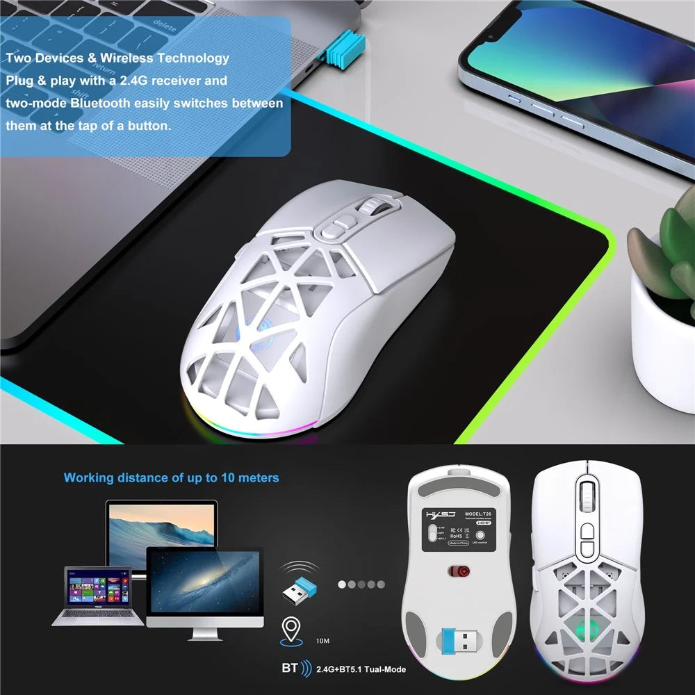 HXSJ T26  Wireless Mouse Bluetooth5.1 + 2.4Ghz Dual Modes 4800 DPI RGB Backlit Mouse - White - 2