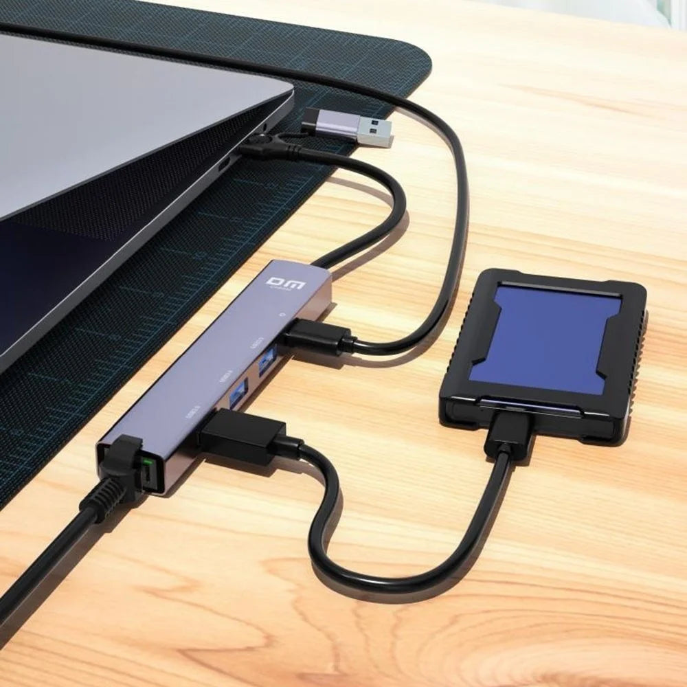 DM CHB082 USB 3.0 Hub 3 Ports Gigabit Ethernet Adapter High Speed Data Transfer Aluminum Alloy Hub - 4