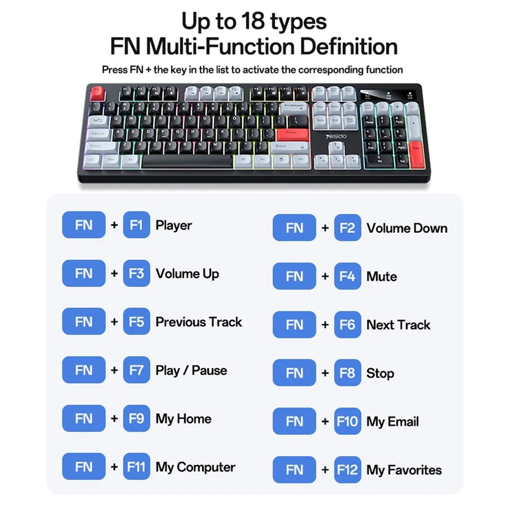 YESIDO KB44 104 Keys Wired Keyboard with RGB Backlight Low Noise Mechanical Keyboard, English Version - 2