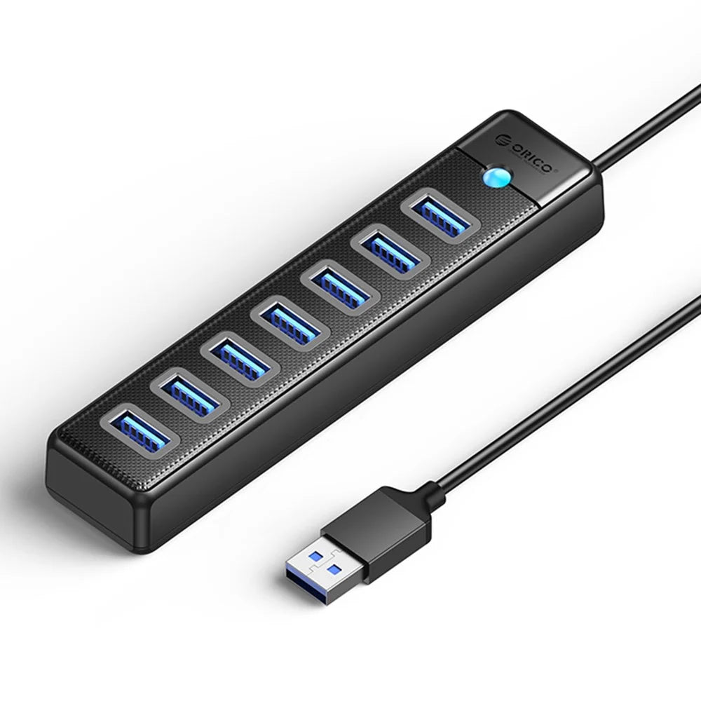 ORICO PW7U-U3 7 Port USB 3.0 Hub 5Gbps Data Transfer with Power Supply Port 15CM Cable Length - Black - 1