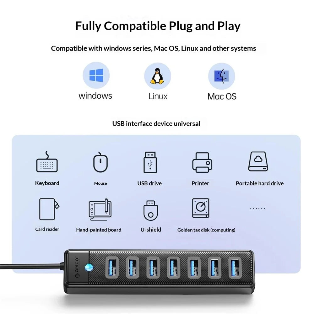 ORICO PW7U-U3 7 Port USB 3.0 Hub 5Gbps Data Transfer with Power Supply Port 1M Cable Length - Black - 5