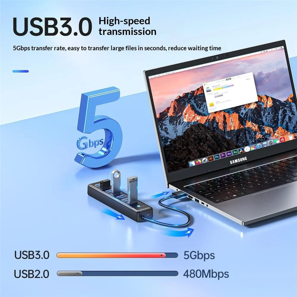 ORICO PW7U-U3 7 Port USB 3.0 Hub 5Gbps Data Transfer with Power Supply Port 1M Cable Length - Black - 6