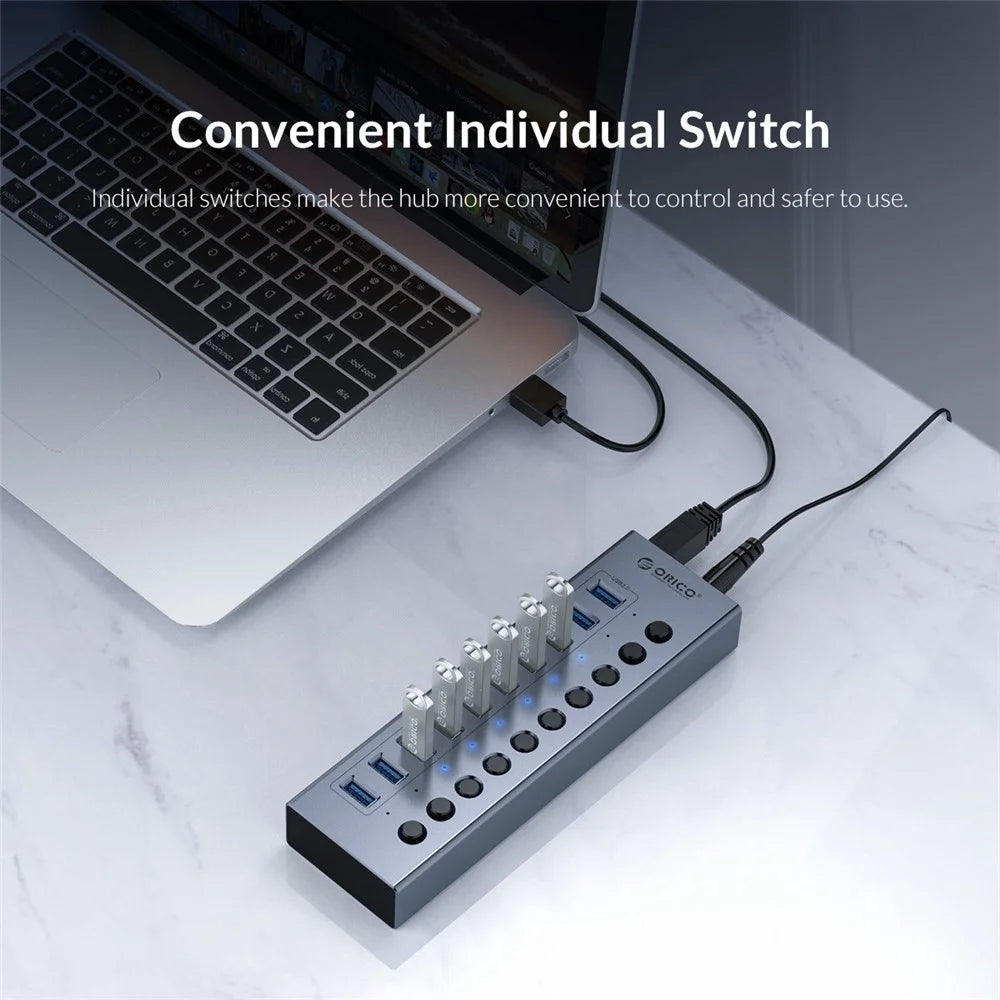 ORICO BT2U3-10AB Aluminum Alloy 10 Port USB3.0 5Gbps Data Transmission USB Hub Charging Splitter with Individual Switches - EU Plug - 6