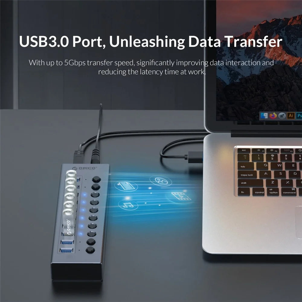 ORICO BT2U3-10AB Aluminum Alloy 10 Port USB3.0 5Gbps Data Transmission USB Hub Charging Splitter with Individual Switches - EU Plug - 7