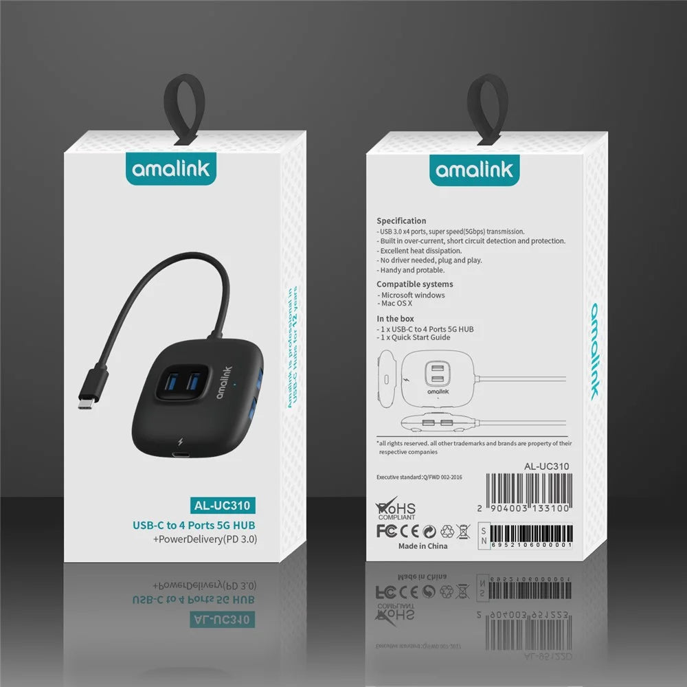 AMALINK AL-UC310 Portable 5Gbps Type-C to USB 3.0 4 Ports + PD 3.0 Hub - 7
