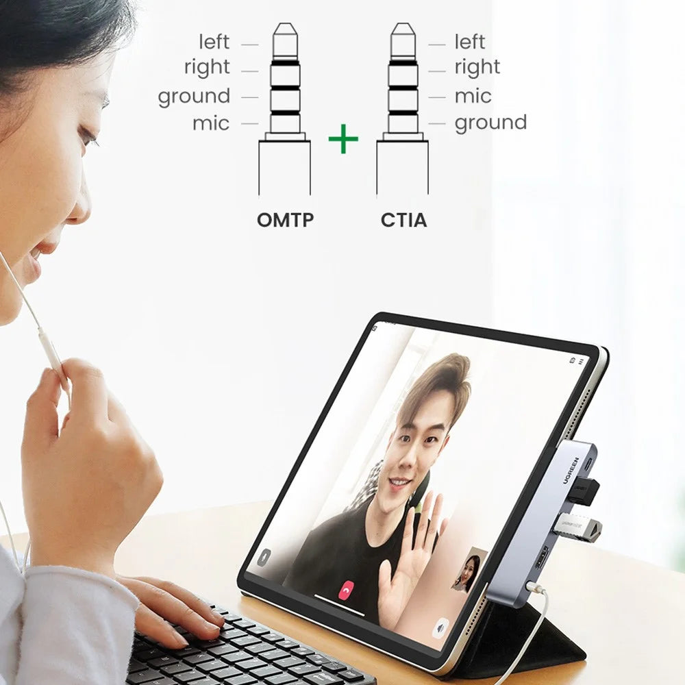 UGREEN 20199 USB C Hub to 4K 60Hz HD Video Output + 2xUSB 3.0 + 3.5mm Aux Port + PD 100W Super Fast Charge Type C Adapter for iPad Pro 2018 2020 12.9" / 11" Air 4 - 5