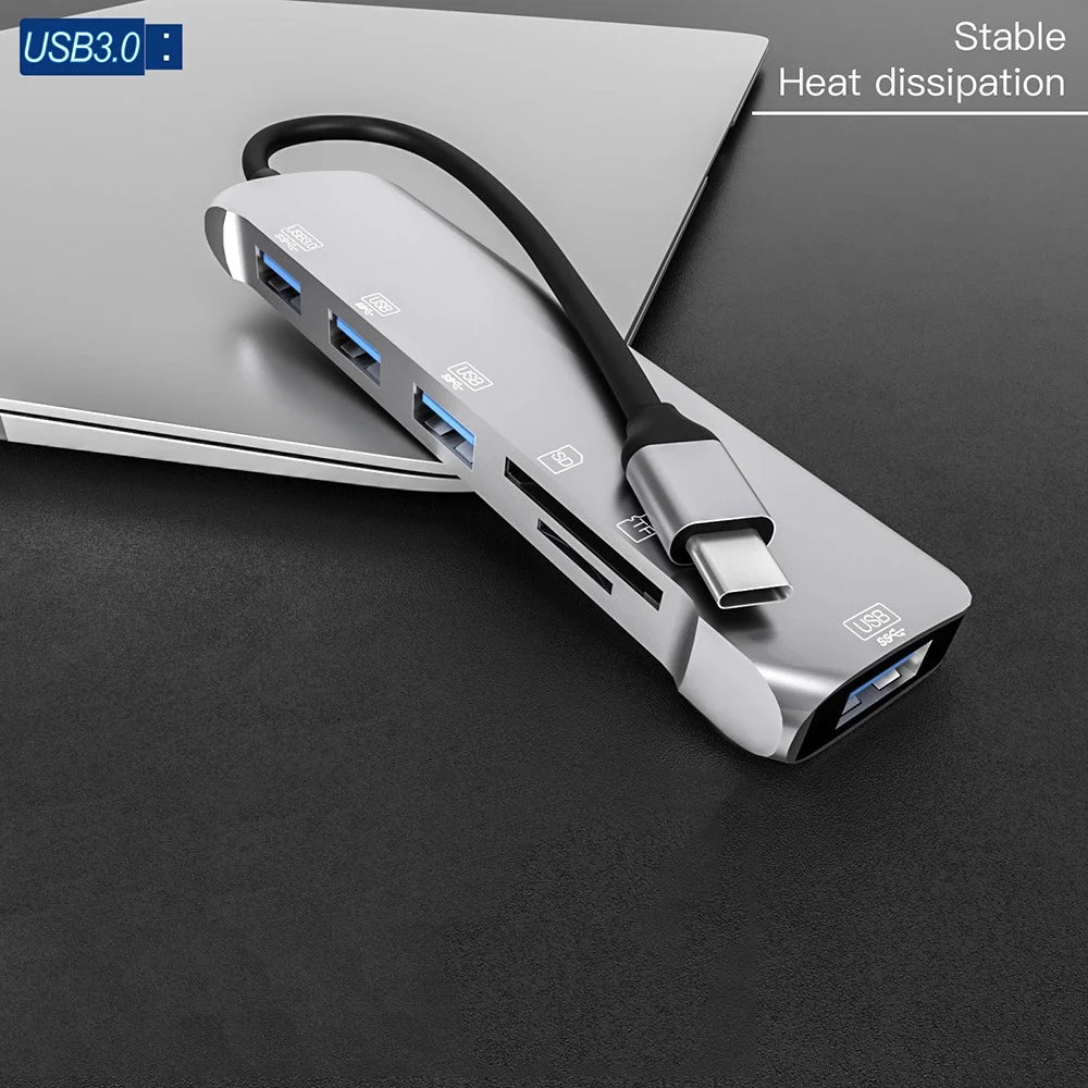 NK-3043H 6 in 1 Type-C to TF / Memory Card Slots / USB3.0 + 3 USB2.0 Converter Portable USB-C Hub Adapter for Keyboard, Mouse, External Hard Disk - 2