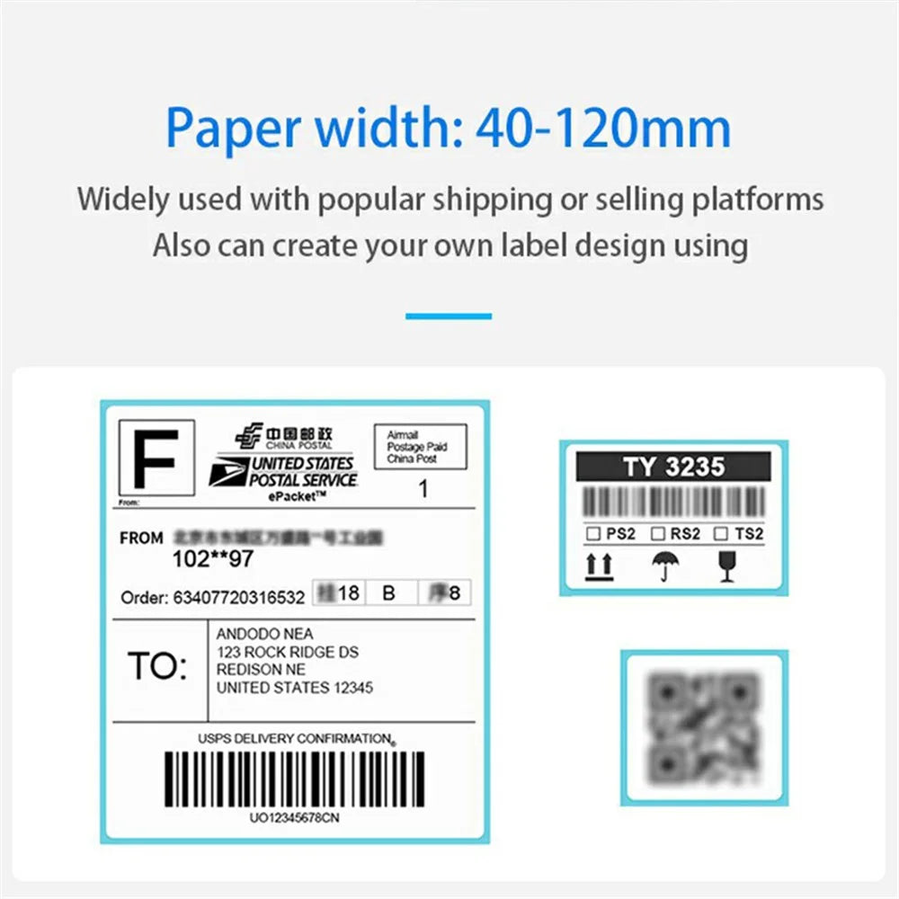 TDL406 203DPI Desktop Thermal Label Printer High Speed Printing Barcode Sticker Maker Machine, USB Version - US Plug - 6