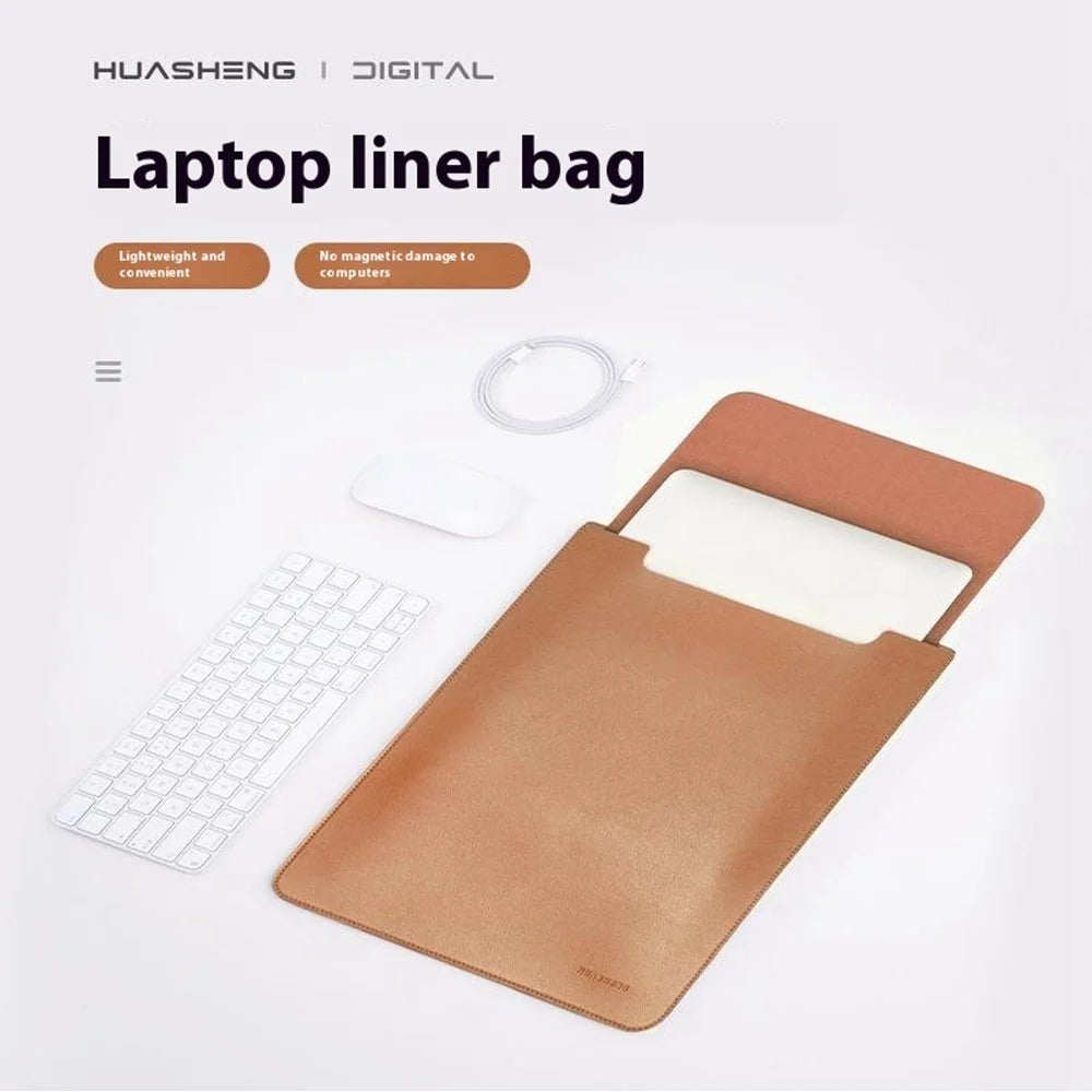 HUASHENG For 12 Inch Laptop Sleeve Ultra Thin PU Leather Portable Non Magnetic Vertical Notebook Bag - Light Brown - 4