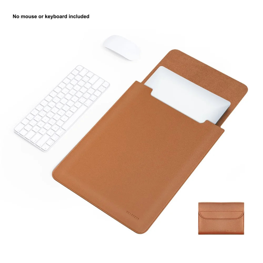 HUASHENG Vertical Laptop Sleeve with Mini Pouch for 13 / 13.3 / 14 Inch Notebook Bag Ultra Thin Portable PU Leather Case - Light Brown - 2