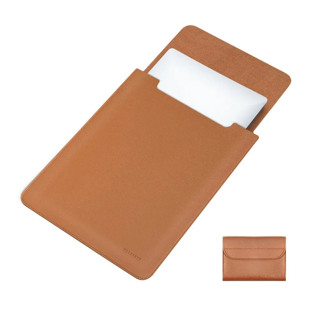 HUASHENG Vertical Laptop Sleeve with Mini Pouch for 12 Inch Notebook Bag Ultra Thin Portable PU Leather Case - Light Brown - 1