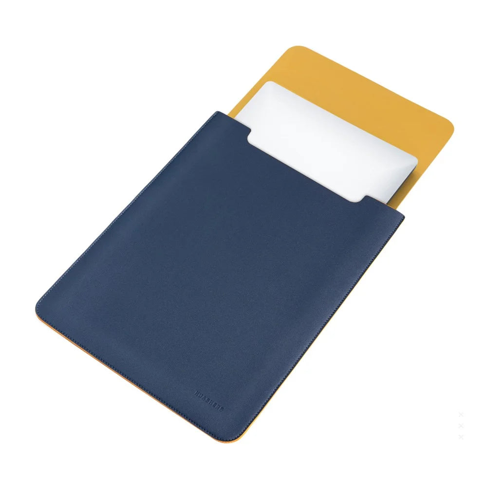 HUASHENG For 12 Inch Laptop Sleeve Double-sided PU Leather Mouse Pad Notebook Bag + Accessory Pouch - Vertical / Navy Blue+Yellow - 1