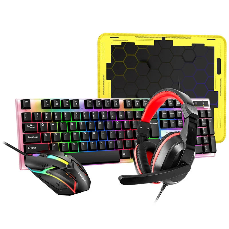T-WOLF TF240 4 in 1 Gaming Combo Set Keyboard with Backlit Optical Mouse Headset Mousepad for PC / Laptop - Black - 1
