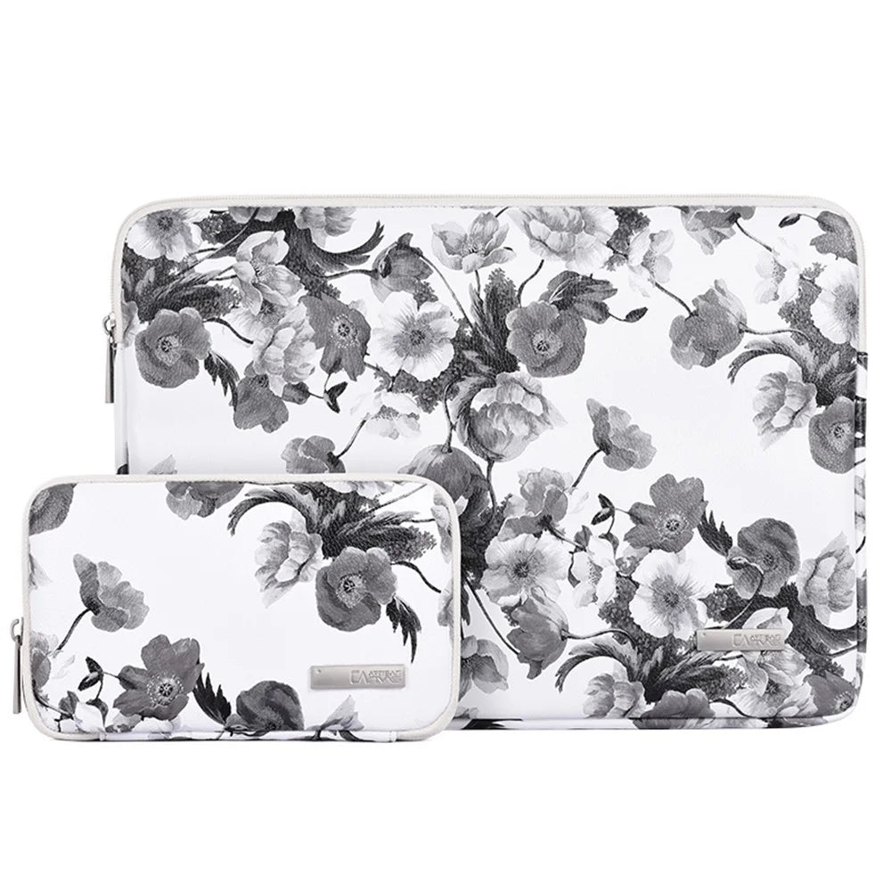 CANVASARTISAN G1-T0121 Watercolor Flower Pattern Laptop Sleeve Notebook Case with Small Bag - White/for 11-inch Laptop - 1