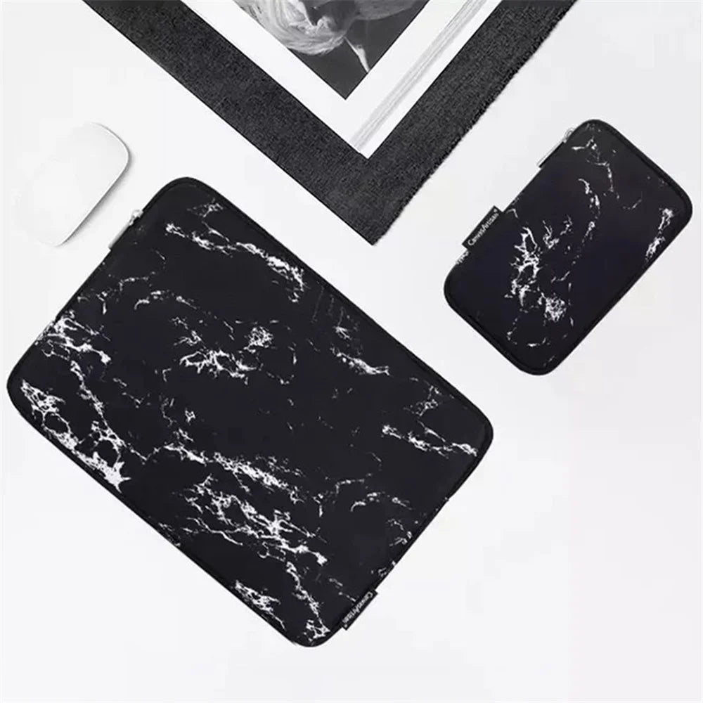CANVASARTISAN H32-T0121 Marble Pattern Zipper Closure Laptop Carrying Bag Notebook Protective Sleeve with Small Bag - Black/for 11-inch Laptop - 2