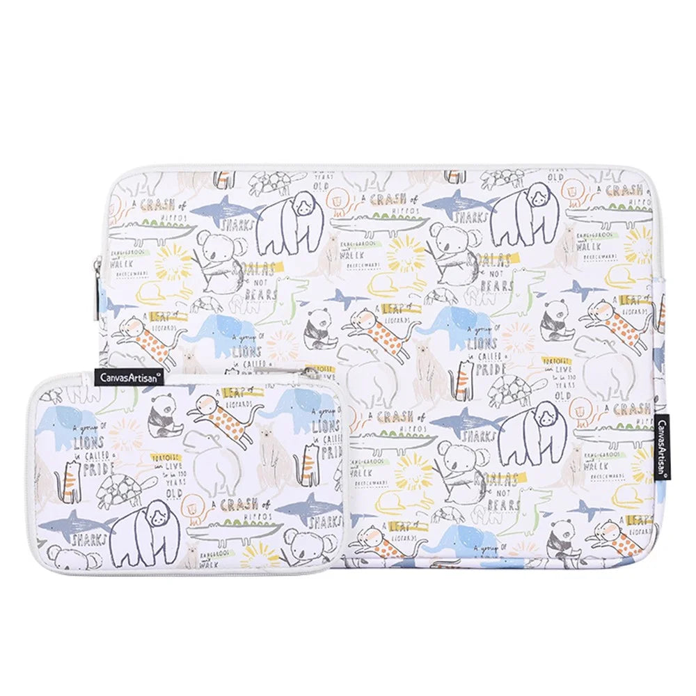 CANVASARTISAN G50-T0121 Cartoon Animals Printing Ultra-thin Laptop Sleeve Notebook Carrying Bag with Small Bag - White/for 11-inch Laptop - 1