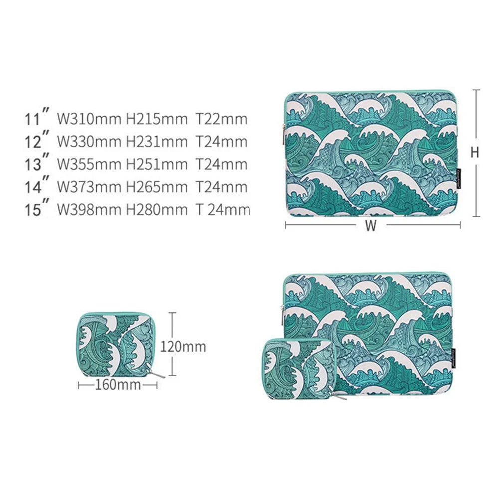 CANVASARTISAN H3-T0423 Sea Wave Printing Laptop Sleeve Carrying Case with Small Bag - Green/for 11-inch Laptop - 7