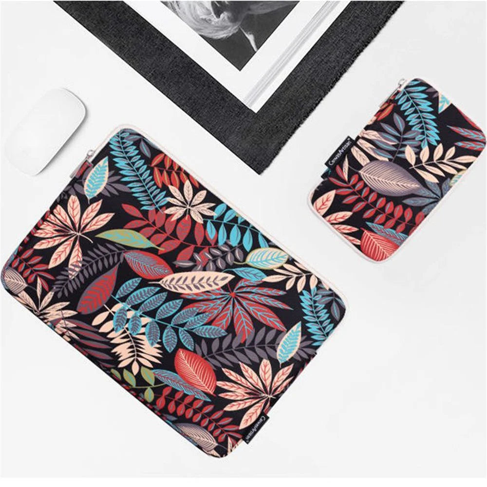 CANVASARTISAN H30-T0121 Leaves Printed Ultra-thin Protective Laptop Sleeve Zipper Notebook PC Bag with Small Bag - Black/for 11-inch Laptop - 2