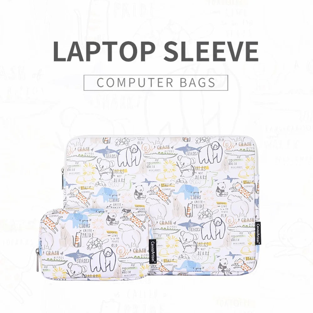 CANVASARTISAN G50-T0111 12-inch Cartoon Animal Pattern Laptop Sleeve PU Carrying Bag + Small Bag Set - 2