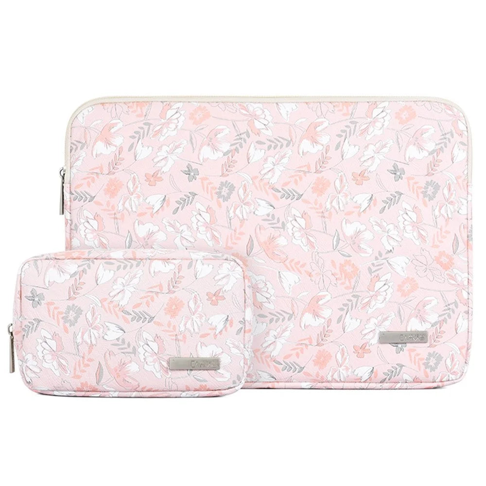 CANVASARTISAN G4-T0111 Flower Printed 14-inch Notebook Sleeve PU Leather Laptop Carrying Case with Small Bag - 1