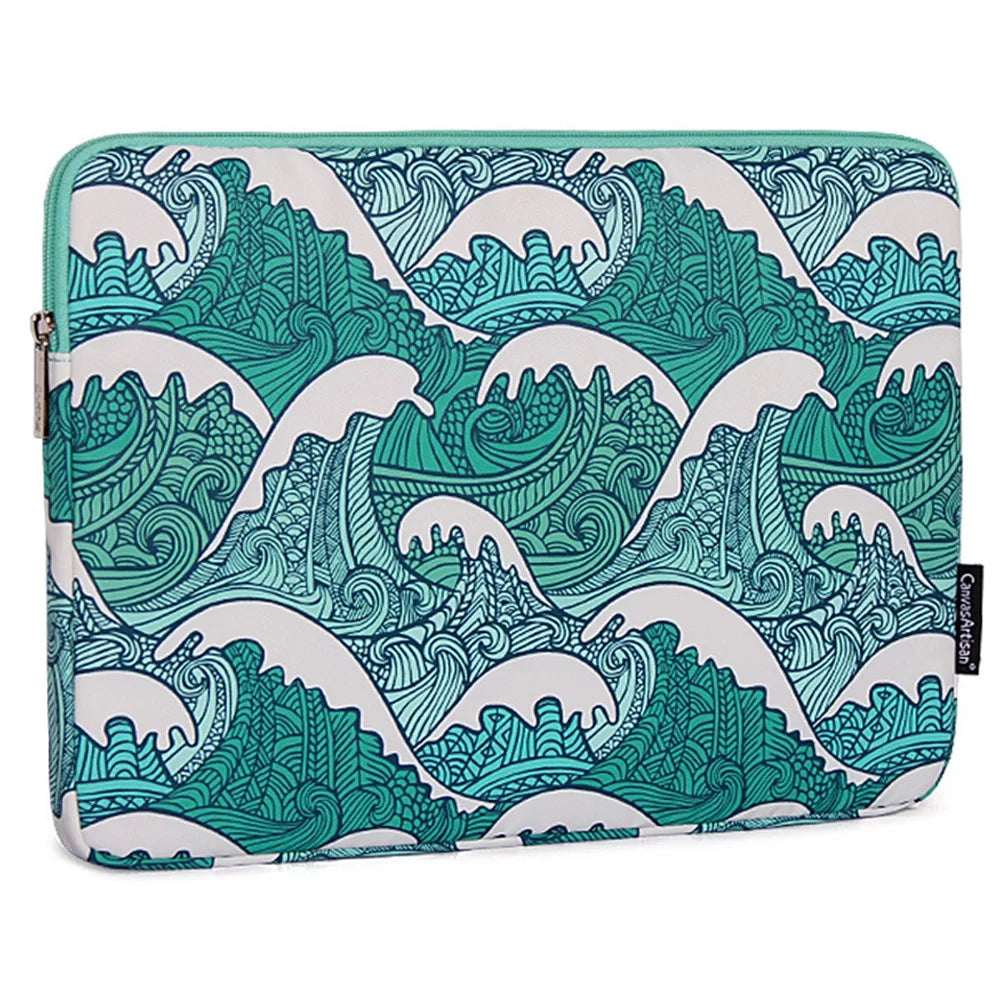 CANVASARTISAN H3-04 12-inch Zipper Notebook Bag, Green Wave Pattern Soft Lining Laptop Storage Pouch - 2