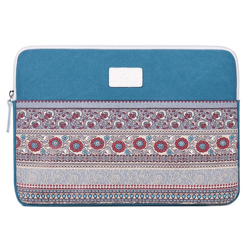 CANVASARTISAN T38-16 Shockproof Carry Case for 13-inch Notebooks Portable Business Canvas Sleeve Bag National Style Pattern Printed Laptop Bag - Lake Blue - 1