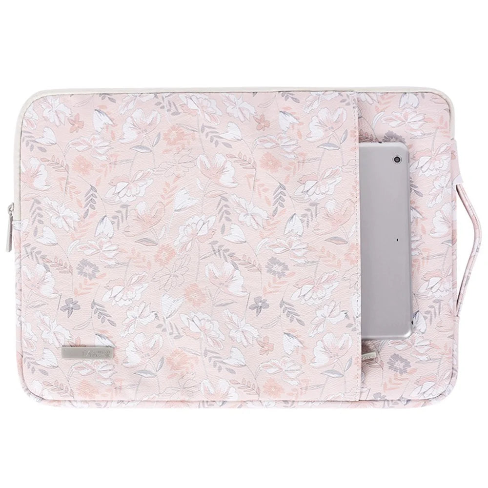 CANVASARTISAN G4-89 PU Leather Portable Carry Case for 12-inch Laptops Flower Printed Storage Bag with Handle Strap/Outer Zippered Pouch Shockproof Sleeve Bag - 1