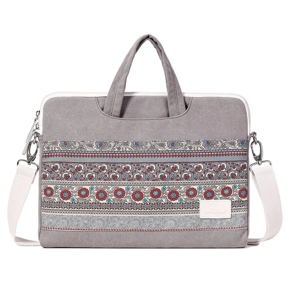 CANVASARTISAN T38-5 Laptop Bag 15-inch National Style Pattern Computer Canvas Fabric Briefcase Sleeve with Shoulder Strap - 1