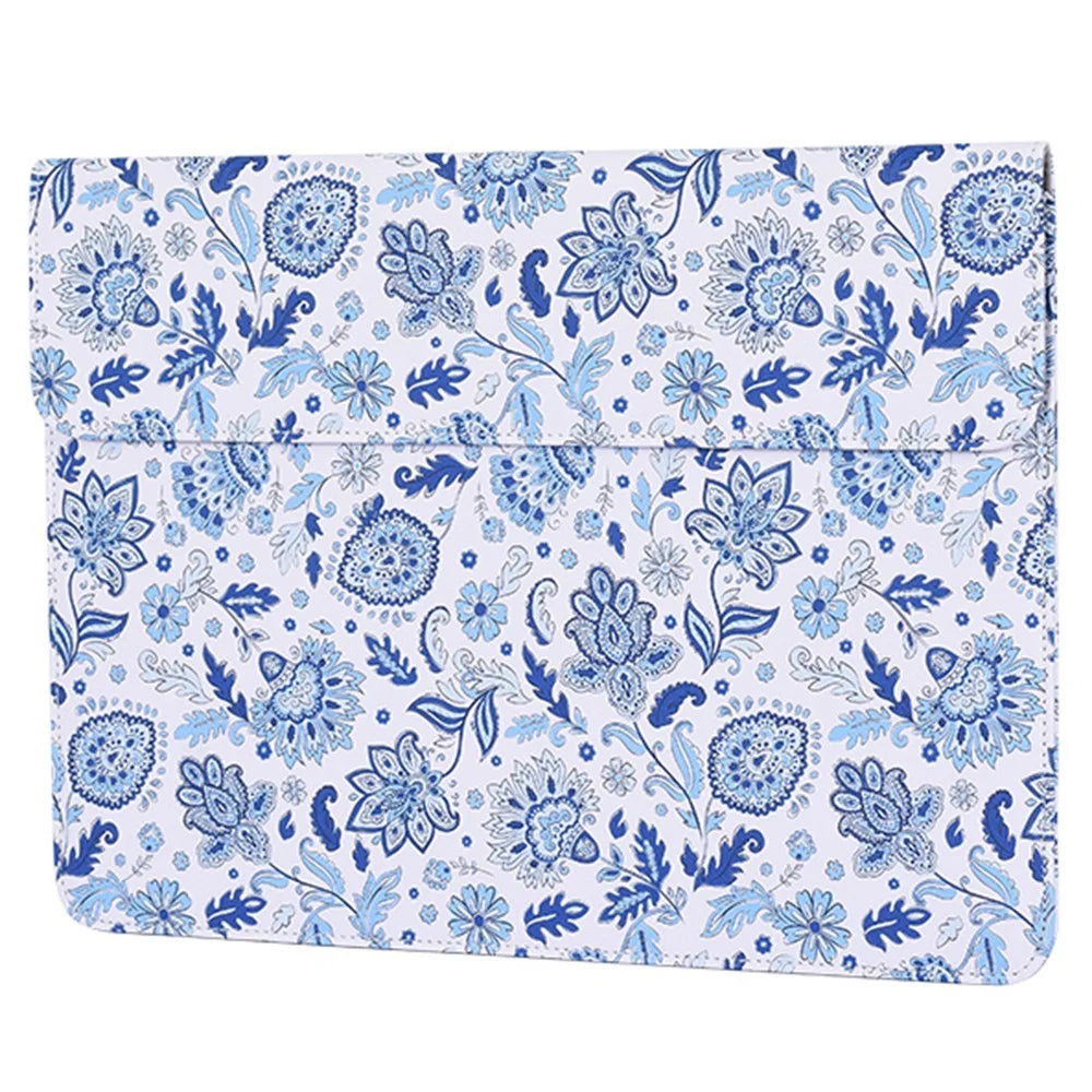CANVASARTISAN E54-T0111 2Pcs/Set 15-inch Light Blue Flower Pattern Magnetic Flap Envelope PU Laptop Sleeve + Small Bag - 2