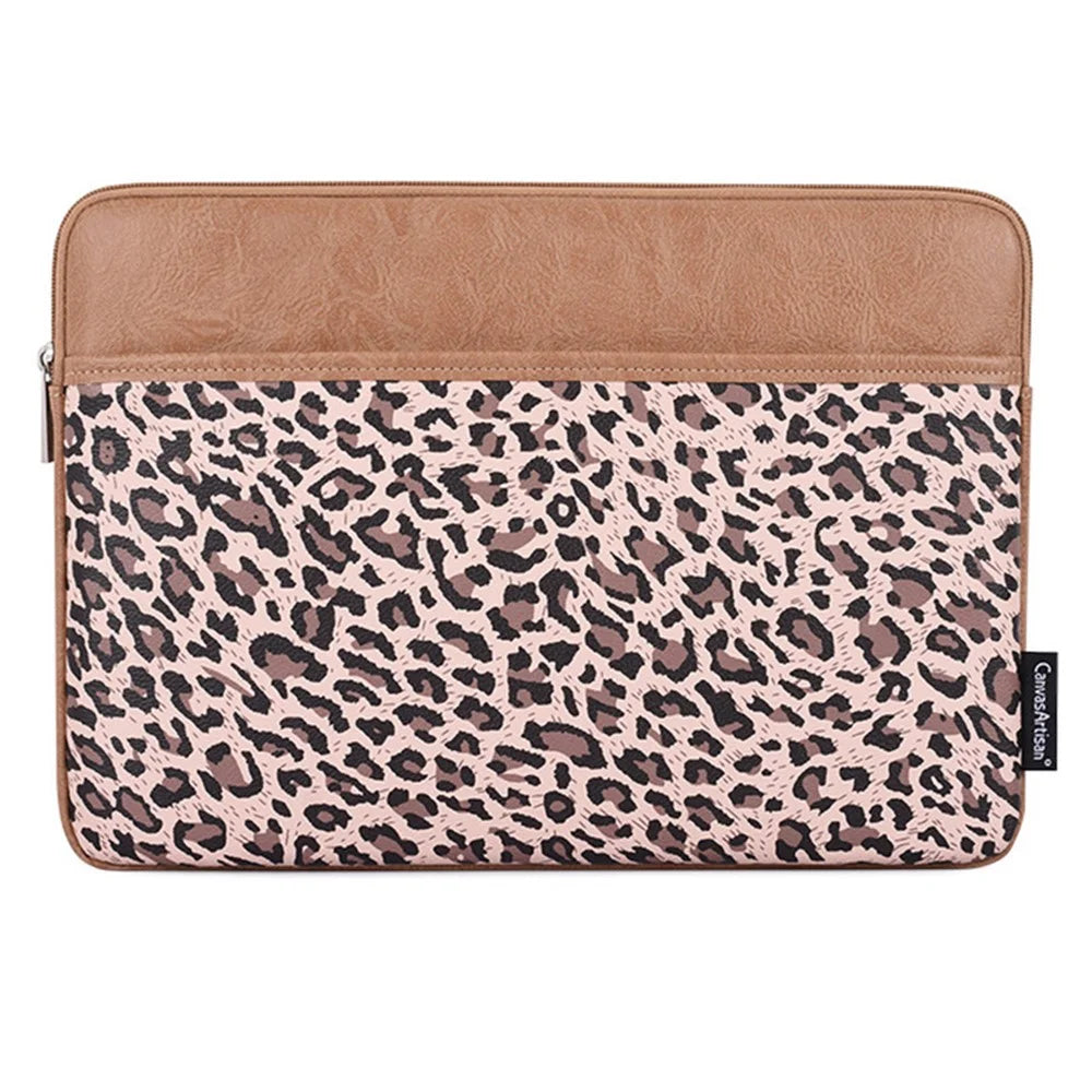 CANVASARTISAN G31-36 13-inch Laptop Leopard Print PU Leather Storage Bag Notebook Protective Sleeve - Khaki - 1