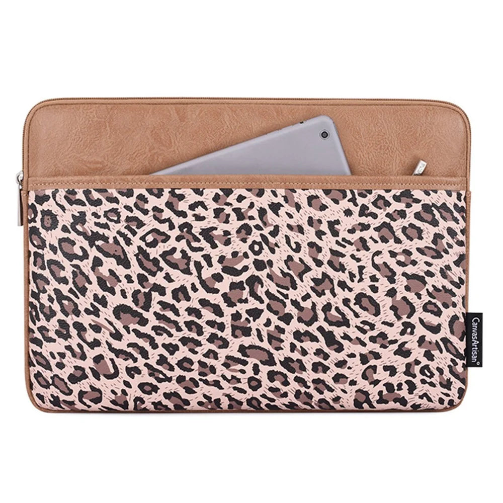 CANVASARTISAN G31-36 15-inch Laptop Shockproof Zipper Bag Leopard Print PU Leather Notebook Protective Sleeve - Khaki - 2
