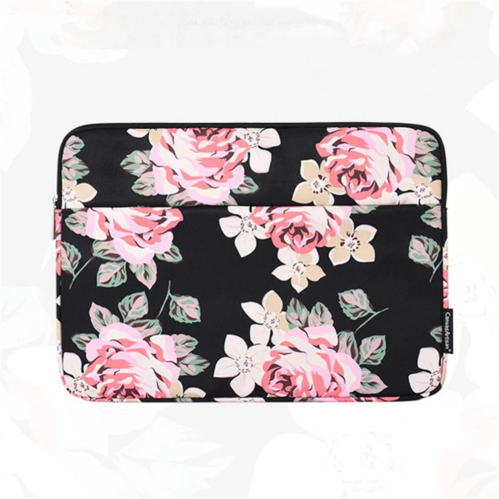 CANVASARTISAN H40-11 Shockproof Carrying Case for 14-inch Laptops Portable Storage Bag Rose Pattern Printed Sleeve Bag with Outer Pouch - Black - 2