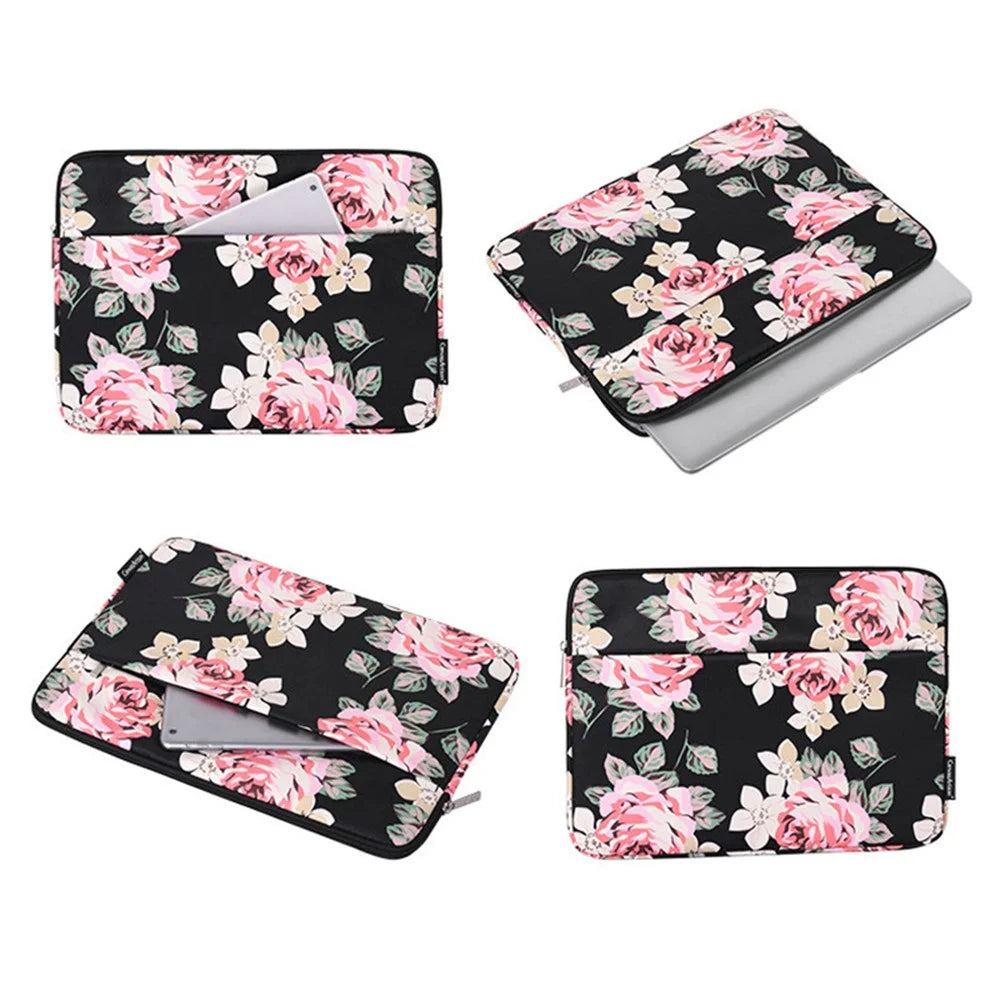 CANVASARTISAN H40-11 Portable Carrying Case for 12-inch Laptops Rose Pattern Printed Storage Bag Scratch Resistant Sleeve Bag with Outer Pouch - Black - 6