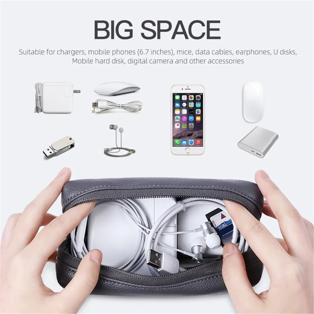 Electronic Organizer Mouse Power Bank Cable Storage Bag Waterproof Leather USB Flash Drive Storage Pouch - Grey - 2