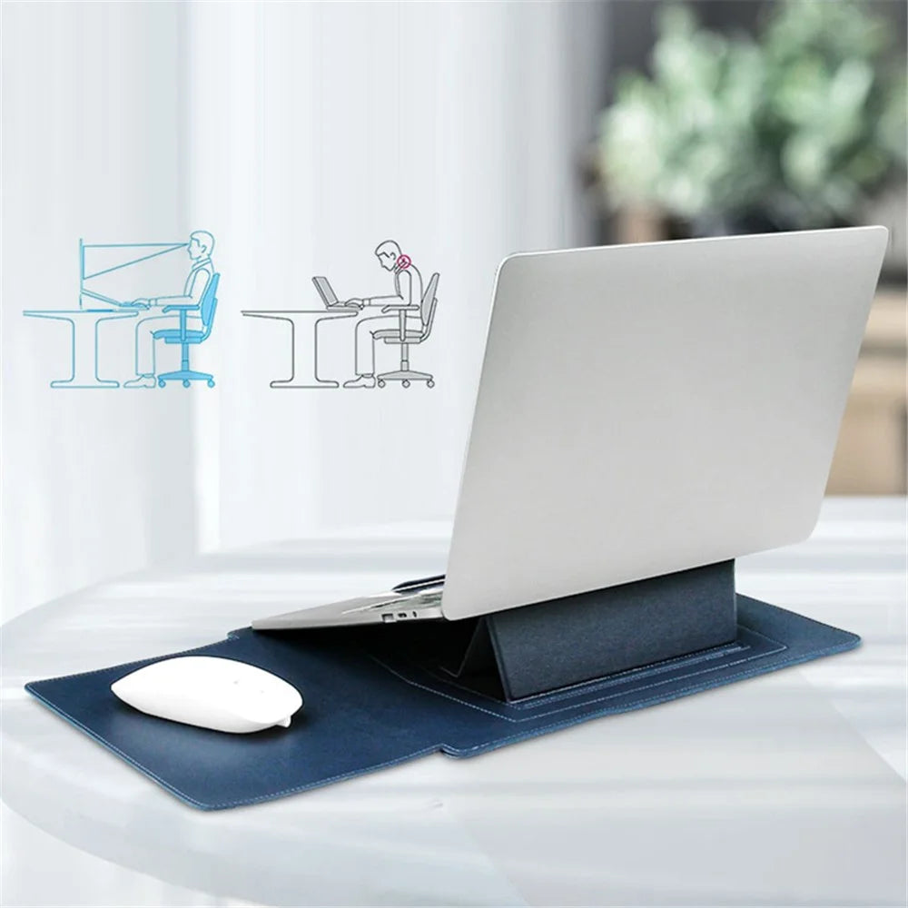 13-inch Anti-Scratch PU Leather Laptop Bag with Adjustable Stand + Small Bag - Navy Blue - 4