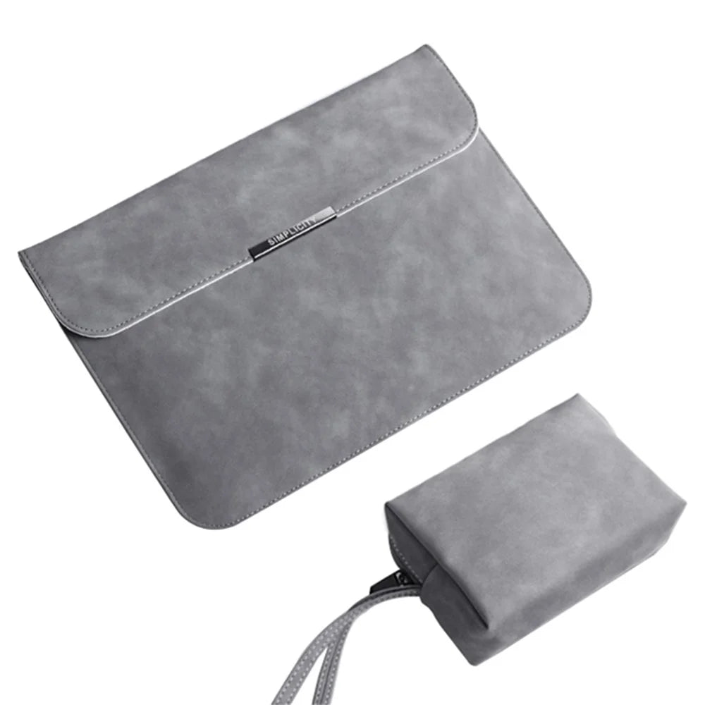 16-inch Horizontal Laptop Bag PU Leather Soft Lining Notebook Sleeve + Small Bag - Grey - 1
