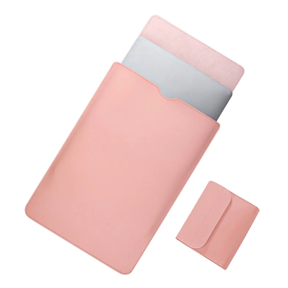15-16 Inch Laptop Bag Ultra Slim PU Leather Notebook Sleeve + Small Bag - Milk Tea Pink - 1