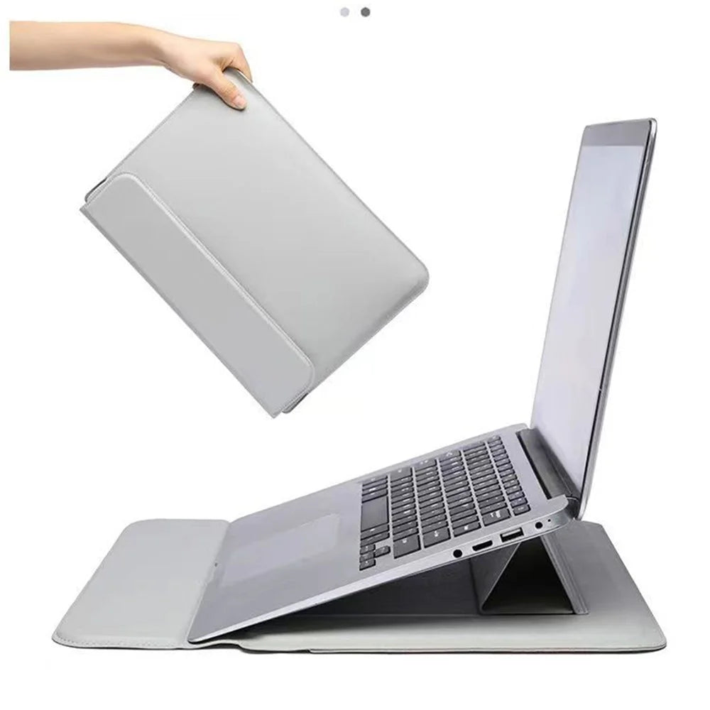 13-13.3 inch Notebook Computer Bag PU Leather Foldable Stand Laptop Storage Sleeve - Grey - 2