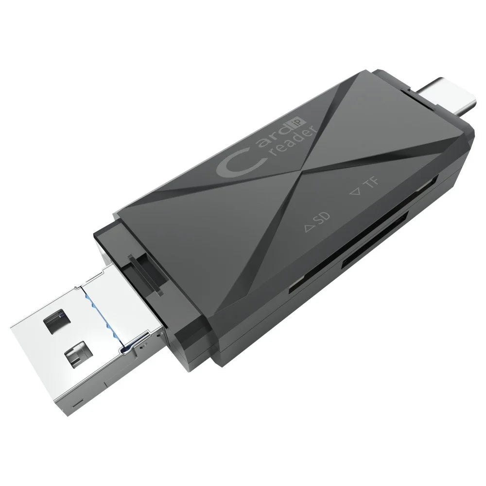 ADS-218 USB / 8-Pin / Type-C 3-in-1 SD TF Memory Card Reader Data Transfer Adapter - Black - 2
