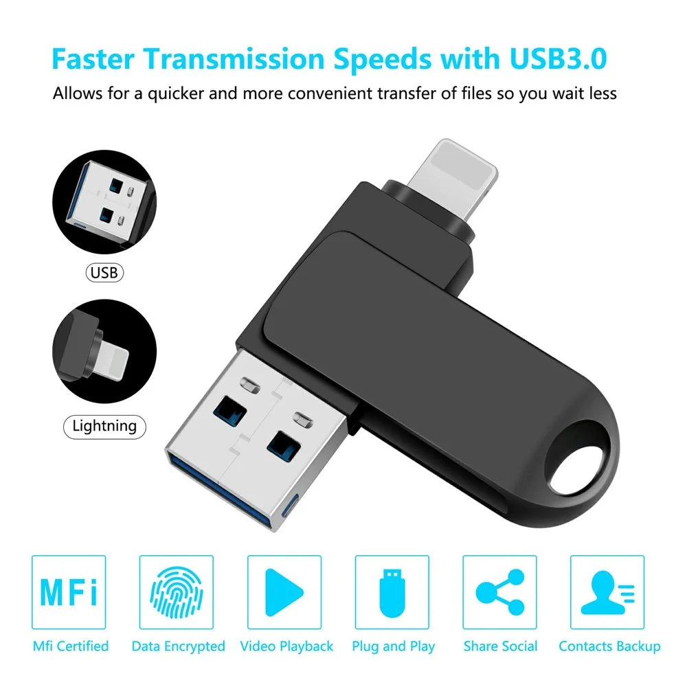2 in 1 Card Reader 64GB OTG USB Flash Drive with 8Pin + USB 3.0 Port U Disk for iPhone Computer PC - Black - 2