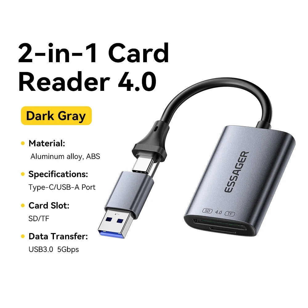 ESSAGER ES-DK04 4.0 2 in 1 Card Reader USB-A Type-C 5Gbps SD TF Card Holder - Dark Grey - 2