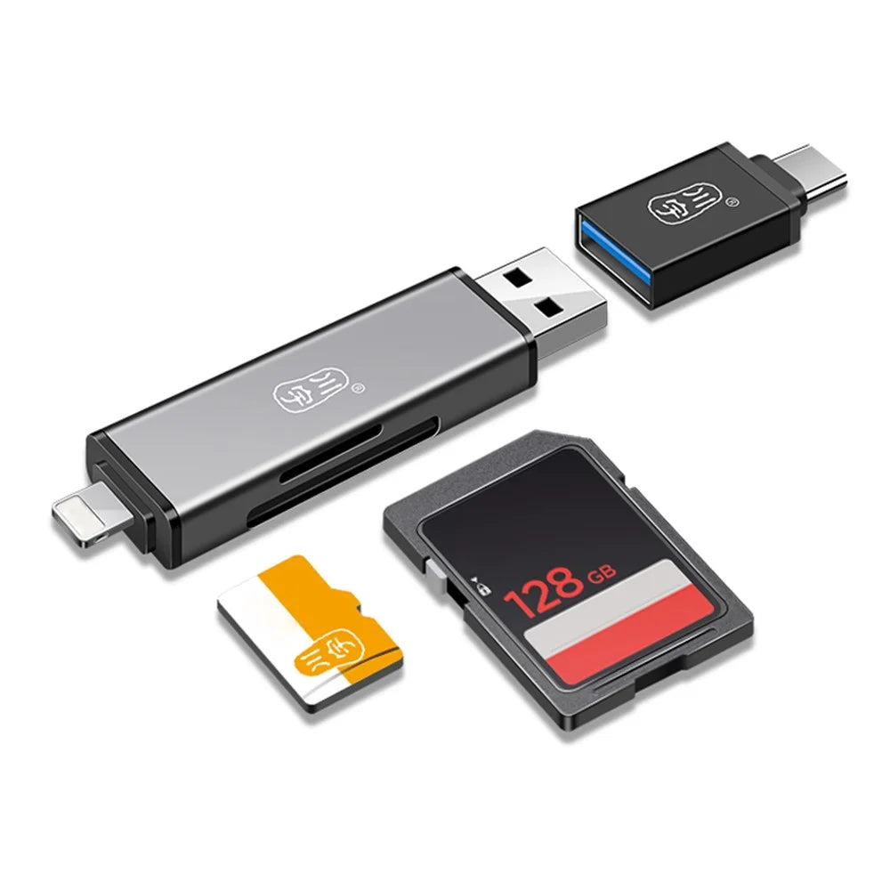 KAWAU C350TL iP+USB3.0+Type-C Card Reader Adapter Support SD / TF Card Aluminum Alloy Cellphone OTG Card Reader - 2