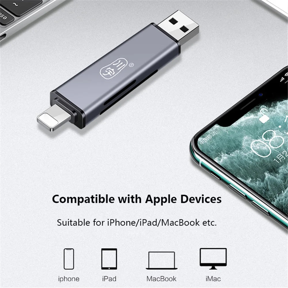 KAWAU C350TL iP+USB3.0+Type-C Card Reader Adapter Support SD / TF Card Aluminum Alloy Cellphone OTG Card Reader - 6