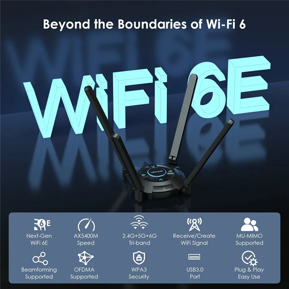 WAVLINK WN695X2 AX5400 Tri-Band Wireless Adapter USB WiFi 6 Dongle 4 Antennas Receiver - 5