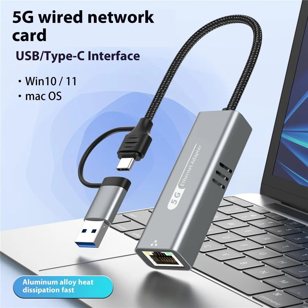 Type-C USB 5G Network Adapter High Speed Ethernet Gigabit LAN Port Support Windows / Macos / Linux / Android - 2
