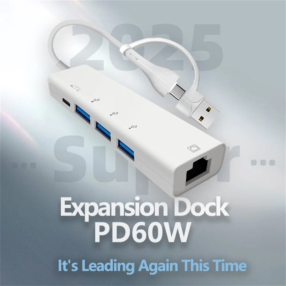 AJ1027 USB + Type-C Dual Port 5 in 1 Adapter Type-C 3xUSB RJ45 Ethernet Network Hub - 2