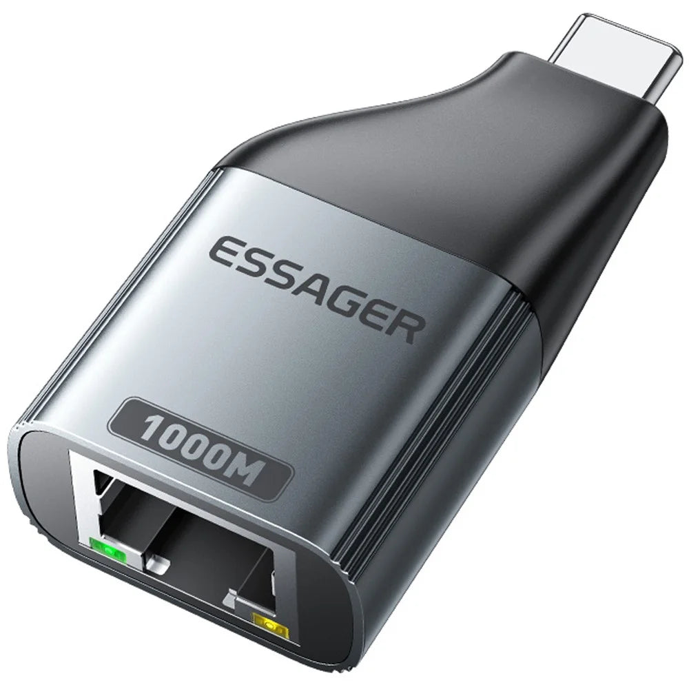 ESSAGER 1000Mbps Ethernet LAN Adapter Aluminum Alloy Type-C to RJ45 Gigabit Network Connector - 1