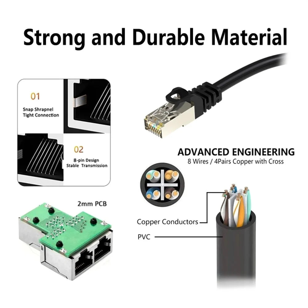 20cm RJ45 8 Core Network Cable Splitter 1 to 2 Ethernet Extension Adapter Compatible with Cat5 Cat6 Cat7 - 2