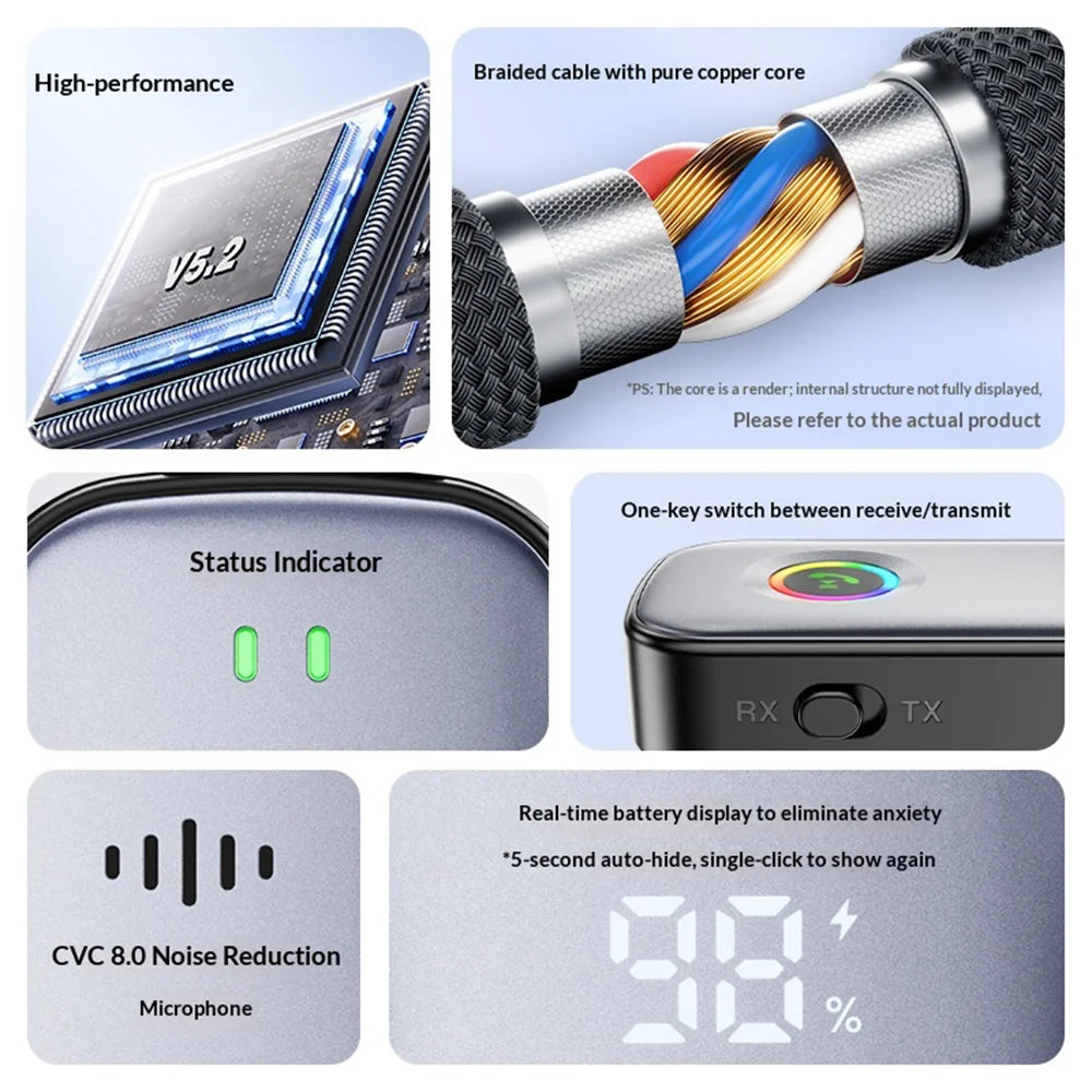 A6 Pro Car Audio Receiver Transmitter Device BT5.2 AUX Adapter with RGB Lighting - Black - 2